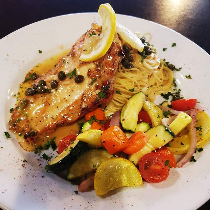 Brooks Tavern, Italian Wednesday, chicken with pasta, capers and sauteed veggies